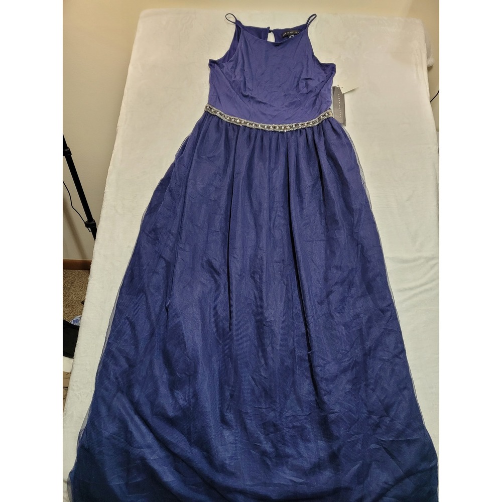 NWT Aidan Mattox Gown Women 12 Navy Embellished Waist Tulle Formalโ Halter Dress